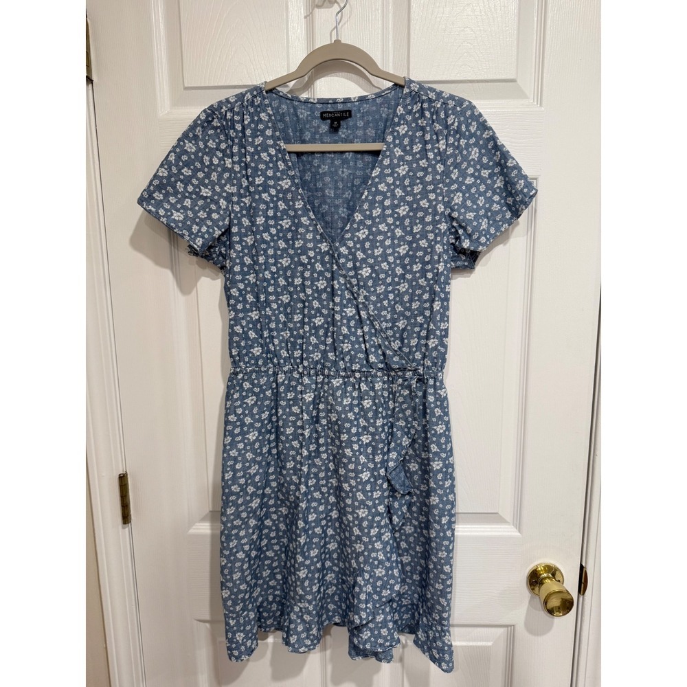 J.Crew Mercantile Women Blue White Floral Faux Wrap Cotton Mini Dress Medium
